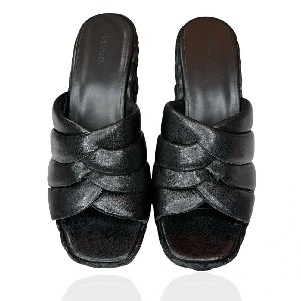Vince Camuto Lauren Beverlin Poppy Black Leather High Wedge Slip On Sandal 9M US